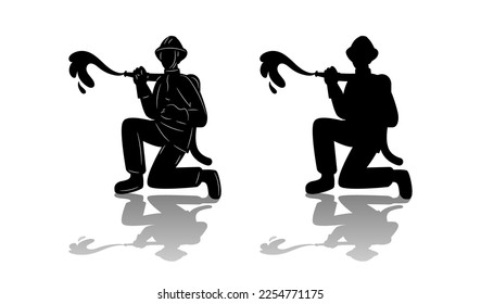 Siluetas negras de bombero. Bombero con manguera. Departamento de rescate. Hombre con uniforme y casco. La sombra de los bomberos. Agua para pulverización extinguista. Servicio de emergencia. Conjunto de iconos de línea de vector