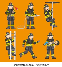 Fireman in black uniform climbing ladder rescuing child quenching fire 6 flat figures collection abstract vector illustration