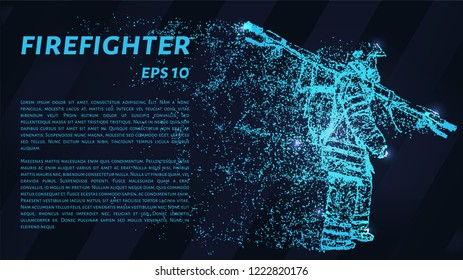 Fireman from blue glowing dots. Fireman carries a stretcher