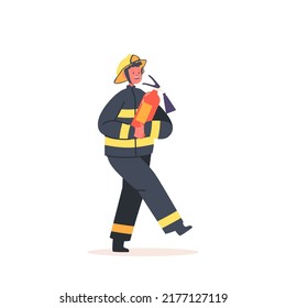 Fireman Boy Holding Extinguisher. Brave Fire Man with Special Equipment for Fighting with Blaze. Kid Character in Firefighters Uniform and Hat, Dangerous Profession, Game. Cartoon Vector Illustration