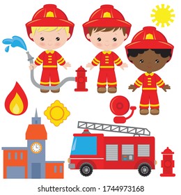 Fireman boy vector cartoon illustration