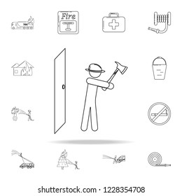 fireman breaks the door with an ax icon. Fireman icons universal set for web and mobile