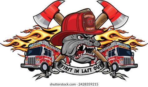 Fireman Bulldog in helmet with firefighter's axes