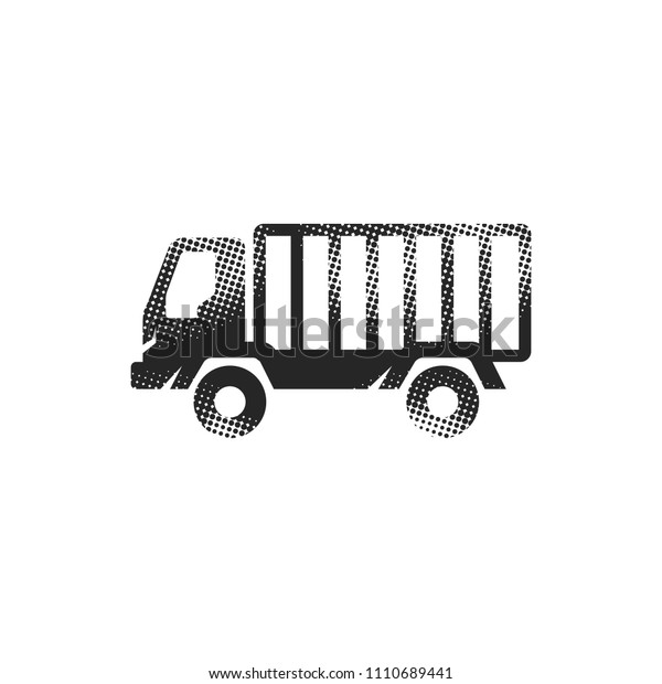 Fireman car truck icon in halftone style.\
Black and white monochrome vector\
illustration.