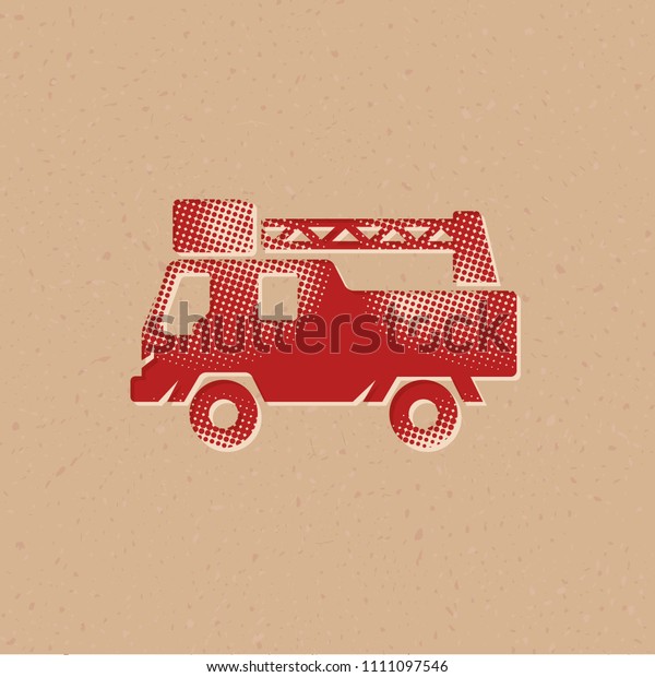 Fireman car truck icon in halftone style.\
Grunge background vector\
illustration.