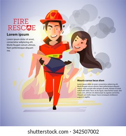 fireman carrying beautiful girl on fire background . rescue concept - vector illustration