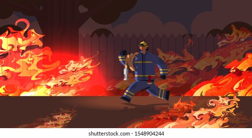 fireman carrying hose extinguishing flame in burning house backyard firefighter wearing uniform and helmet firefighting emergency service concept orange flame background full length horizontal vector