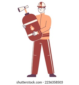 Fireman carrying huge fire extinguisher. Emergency service worker wearing hard hat and professional uniform flat vector illustration on white background