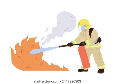 Feuerwehrmann-Cartoon-Figur in Uniform mit Feuerlöscher, der auf weißem Hintergrund isoliert Feuer legt