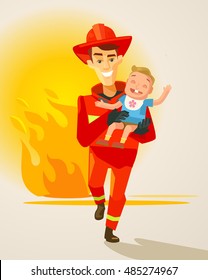  Fireman character carrying child. Vector flat cartoon illustration