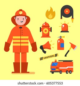 Fireman character design with fireman icons set. Fireman elements for info graphic. Vector illustration