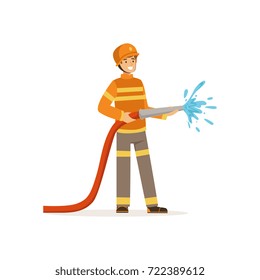 Fireman character holding hose extinguishing fire with water, firefighter at work vector illustration