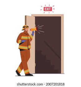 Fireman Character with Loudspeaker Announce Fire Emergency Evacuation Alarm Stand at Open Door with Ladder. Alert for Building Office Escape in Life-threatening Situation. Cartoon Vector Illustration