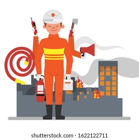 Fireman character occupation with equipment tool for rescue.