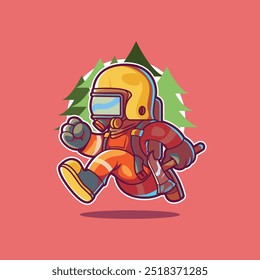 Um personagem do Fireman está sendo executado com uma floresta na ilustração de vetor de plano de fundo. Proteção, conceito de design de mascote.