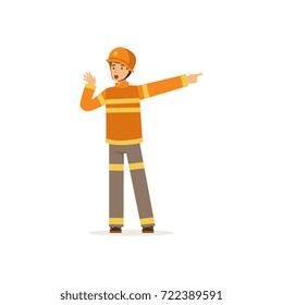 Fireman character in uniform and protective helmet talking and pointing his finger to the right, firefighter at work vector illustration