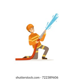 Fireman character in uniform and protective helmet spraying water using hose, firefighter at work vector illustration