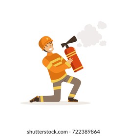 Fireman character in uniform and protective helmet kneeling spraying foam from a fire extinguisher, firefighter at work vector illustration