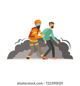 Fireman character in uniform and protective helmet rescuing a man, firefighter at work vector illustration