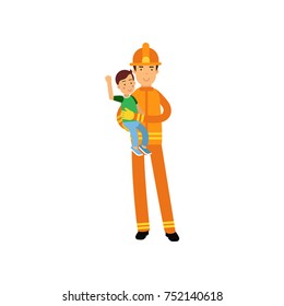 Fireman character in uniform and protective helmet, holding kid boy in his arms