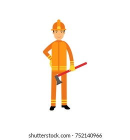 Fireman character in uniform and protective helmet, standing with axe