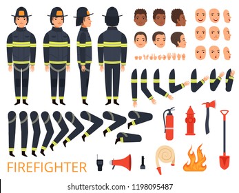 Fireman characters. Firefighter body parts and special uniform with professional tools combat fire extinguisher shovel axe vector. Illustration of firefighter constructor, professional uniform