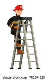 fireman climb up the ladder flat style vector illustration