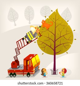 Fireman is climbing up the truck ladder to save a ginger cat from a high tree. A boy and a girl are eating candies and looking up at the process. Vector illustration