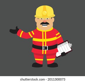 Ilustración de dibujos animados de vectores planos de Fireman con portapapeles 