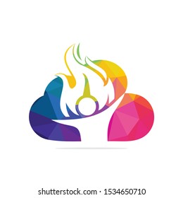 Fireman and cloud vector logo design. Red flame character logotype. Vector logo combination of a man and fire.	