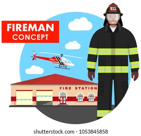 Fireman concept. Detailed illustration of firefighter in uniform on background with fire station building and helicopter in flat style. Vector illustration.