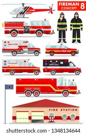 Fireman concept. Detailed illustration of firefighter, firewoman in uniform, fire station building, firetruck and helicopter in flat style on white background. Vector illustration.