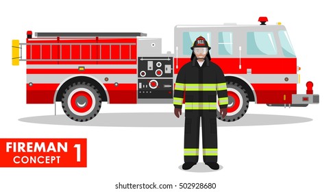 Fireman Concept. Detailed Illustration Of Firefighter And Fire Truck In Flat Style On White Background. Vector Illustration.