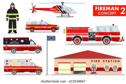 Fireman concept. Detailed illustration of firefighter, fire station building, firetruck and helicopter in flat style on white background. Vector illustration