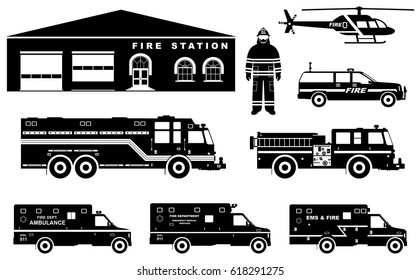 Fireman concept. Detailed illustration of firefighter, fire station building, firetruck and helicopter in flat style on white background. Vector illustration.