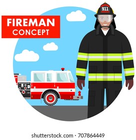 Fireman concept. Detailed illustration of firefighter in uniform on background with fire truck in flat style. Vector illustration.