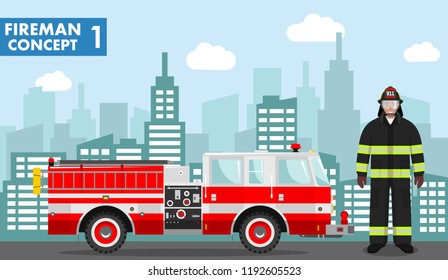 Fireman concept. Detailed illustration of man firefighter and fire truck in flat style on background with cityscape. Vector illustration.