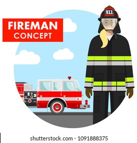 Fireman concept. Detailed illustration of woman firefighter in uniform on background with fire truck in flat style. Vector illustration.