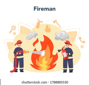 Fireman concept. Professional fire brigade firhting with flame. Character wearing a helmet and uniform holding a hydrant hose, watering burning building. Isolated flat vector illustration