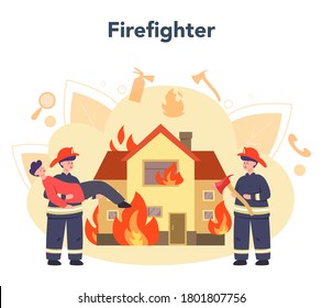 Fireman concept. Professional fire brigade firhting with flame. Character wearing a helmet and uniform holding a hydrant hose, watering burning building. Isolated flat vector illustration