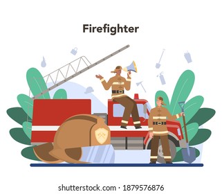 Fireman concept. Professional fire brigade firhting with flame. Character wearing a helmet and uniform holding a hydrant hose, watering burning building. Isolated flat vector illustration