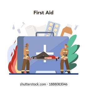 Fireman concept. Professional fire brigade firhting with flame. Character wearing a helmet and uniform holding a hydrant hose, watering burning building. Isolated flat vector illustration