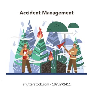 Fireman concept. Professional fire brigade firhting with flame. Character wearing a helmet and uniform holding a hydrant hose, watering burning building. Isolated flat vector illustration