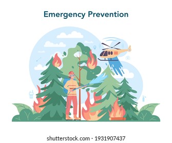 Fireman concept. Professional fire brigade firhting with flame. Character wearing a helmet and uniform watering a wildfire. Isolated flat vector illustration