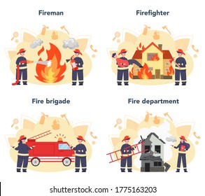 Fireman concept set. Professional fire brigade firhting with flame. Character wearing a helmet and uniform holding a hydrant hose, watering burning building. Isolated flat vector illustration