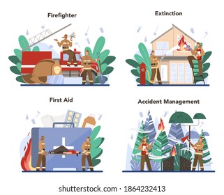Juego de conceptos de Fireman. Bomberos profesionales disparando con fuego. Personaje con casco y uniforme sosteniendo una manguera hidrante, quemando el edificio. Ilustración vectorial plana aislada