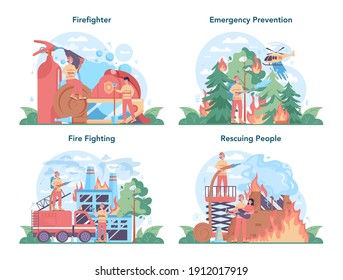 Fireman concept set. Professional fire brigade firhting with flame. Character wearing a helmet and uniform rescuing people from burning building. Isolated flat vector illustration