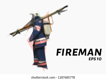 Fireman consists of triangles. Low poly fireman. Vector illustration.