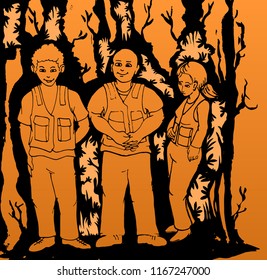 Fireman crew over black trunk shape hand draw illustration