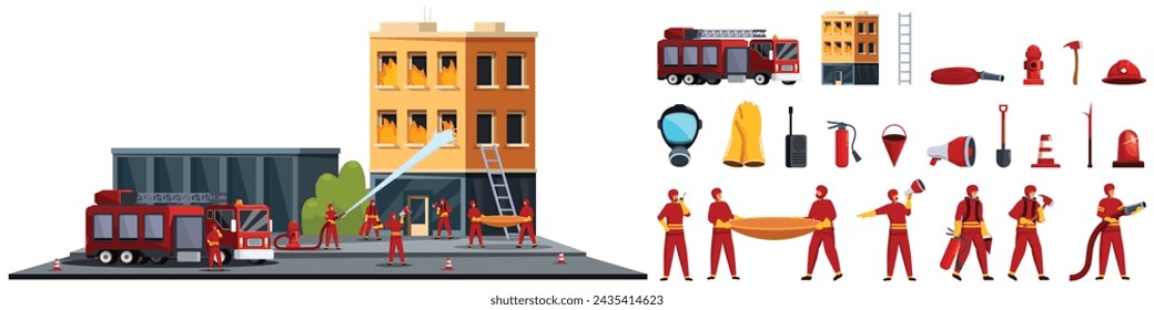 Fireman department work icons set cartoon vector. Young adult. Uniform equipment